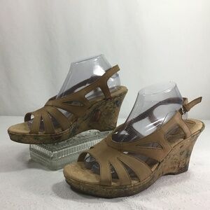 BOC Tan Floral Cork Wedge Leather Sandals